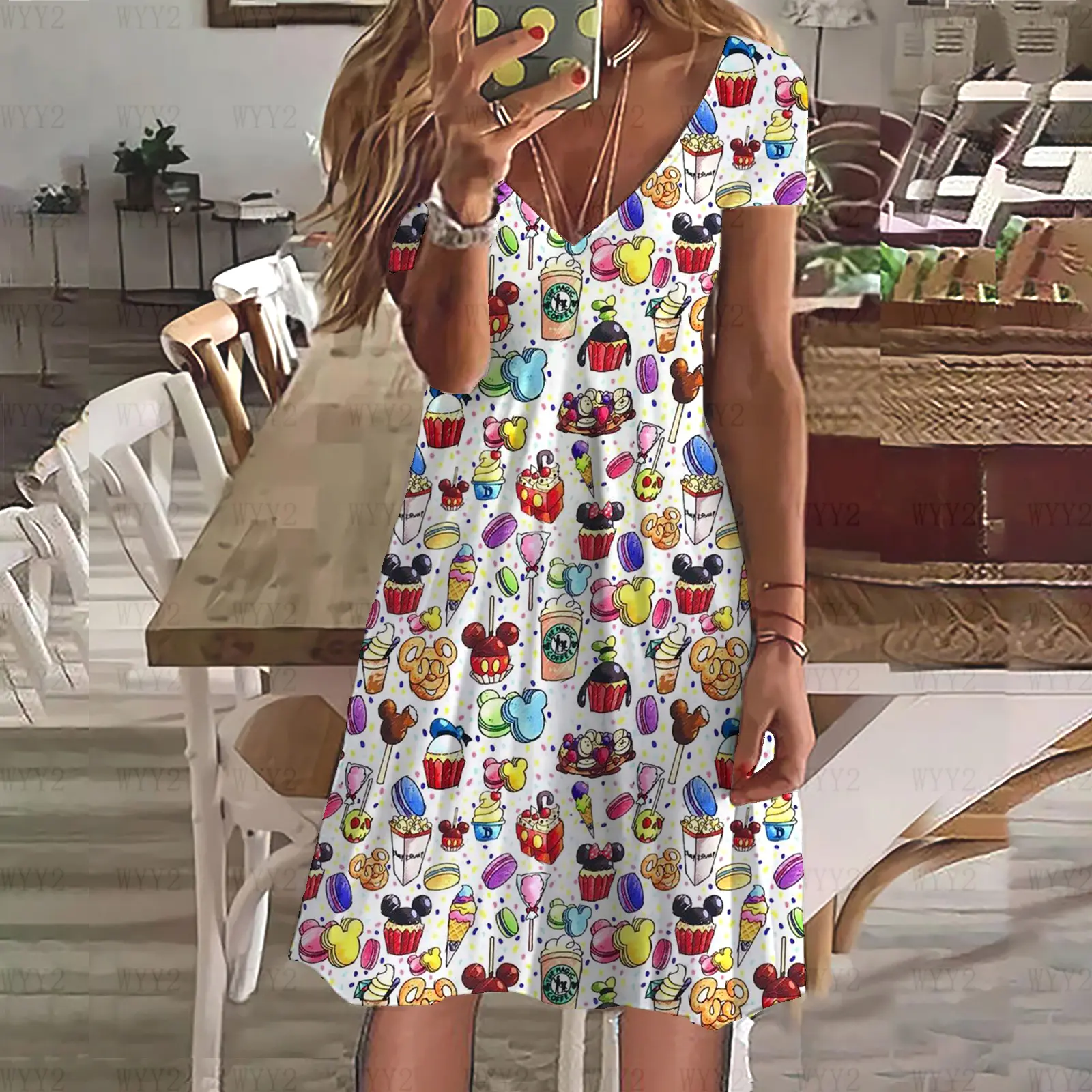 Disney Ladies Clothing Dress Summer Casual Bohemian Print V Neck Short Sleeve Mickey Mouse Street Style Simple Clothing