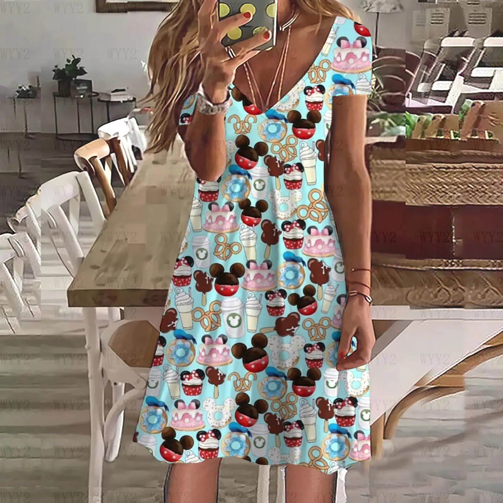 Disney Ladies Clothing Dress Summer Casual Bohemian Print V Neck Short Sleeve Mickey Mouse Street Style Simple Clothing
