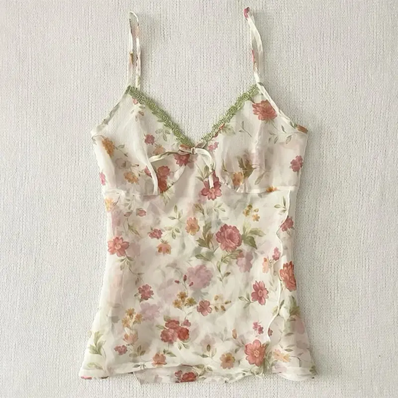 Floral pattern suspenders urban versatile pastoral leisure Y2K short top emo girl retro street commuting slim sports women's top