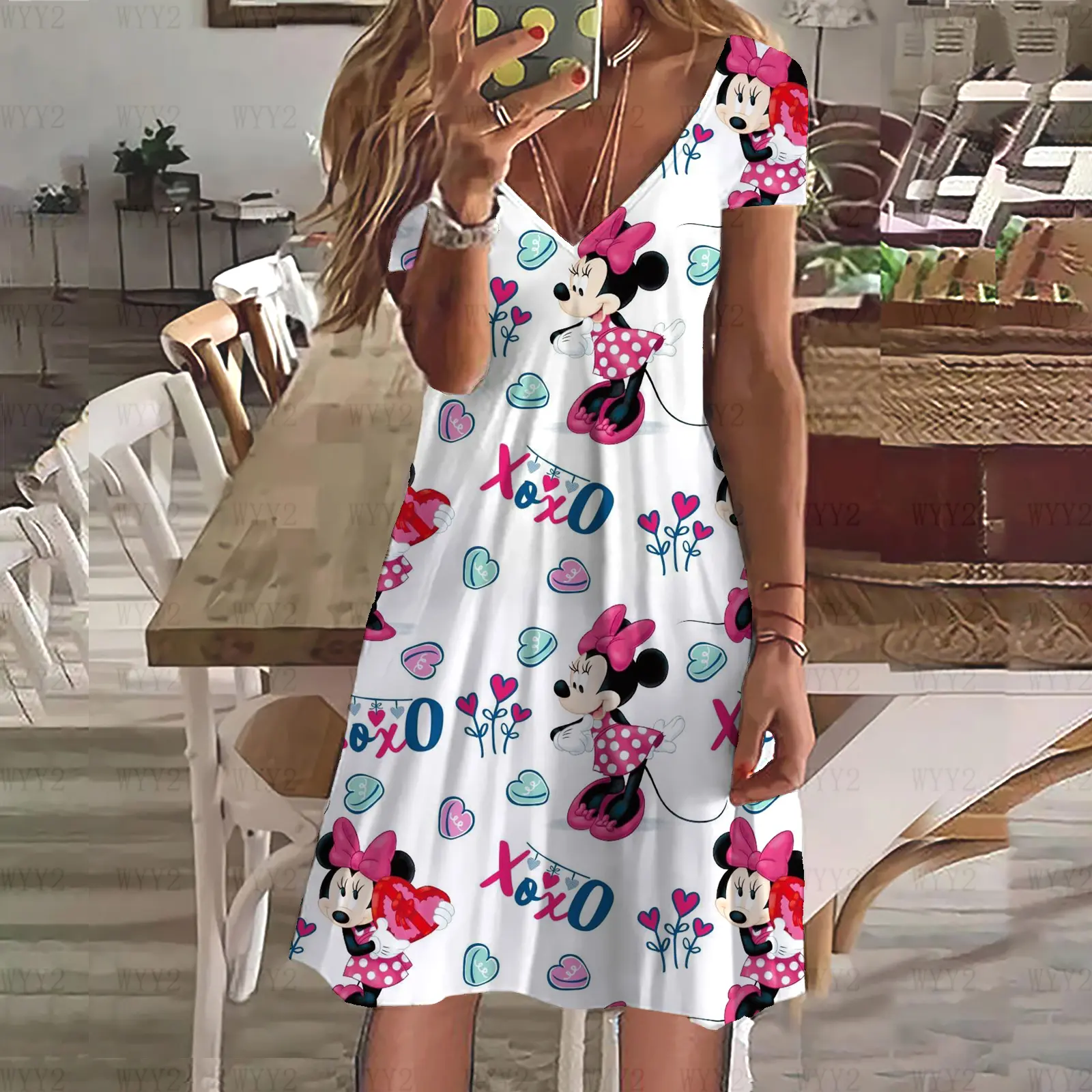 Disney Ladies Clothing Dress Summer Casual Bohemian Print V Neck Short Sleeve Mickey Mouse Street Style Simple Clothing