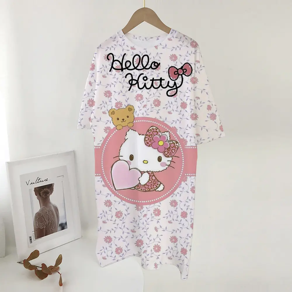 Women's long tshirt dress summer fashion girl Hello Kitty print oversized casual round neck short sleeved mini T-shirt dress ﻿