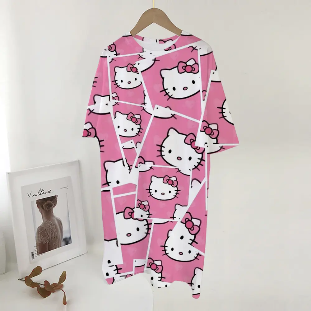 Women's long tshirt dress summer fashion girl Hello Kitty print oversized casual round neck short sleeved mini T-shirt dress ﻿