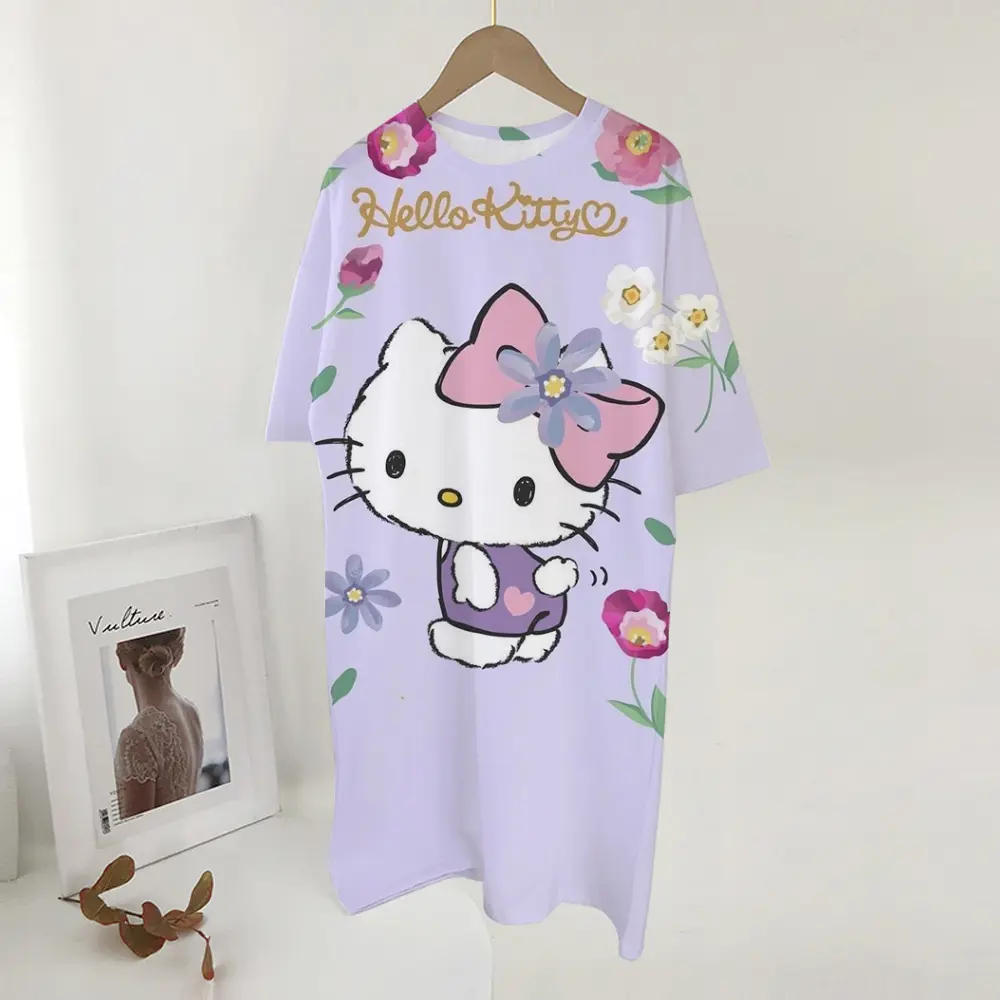 Women's long tshirt dress summer fashion girl Hello Kitty print oversized casual round neck short sleeved mini T-shirt dress ﻿