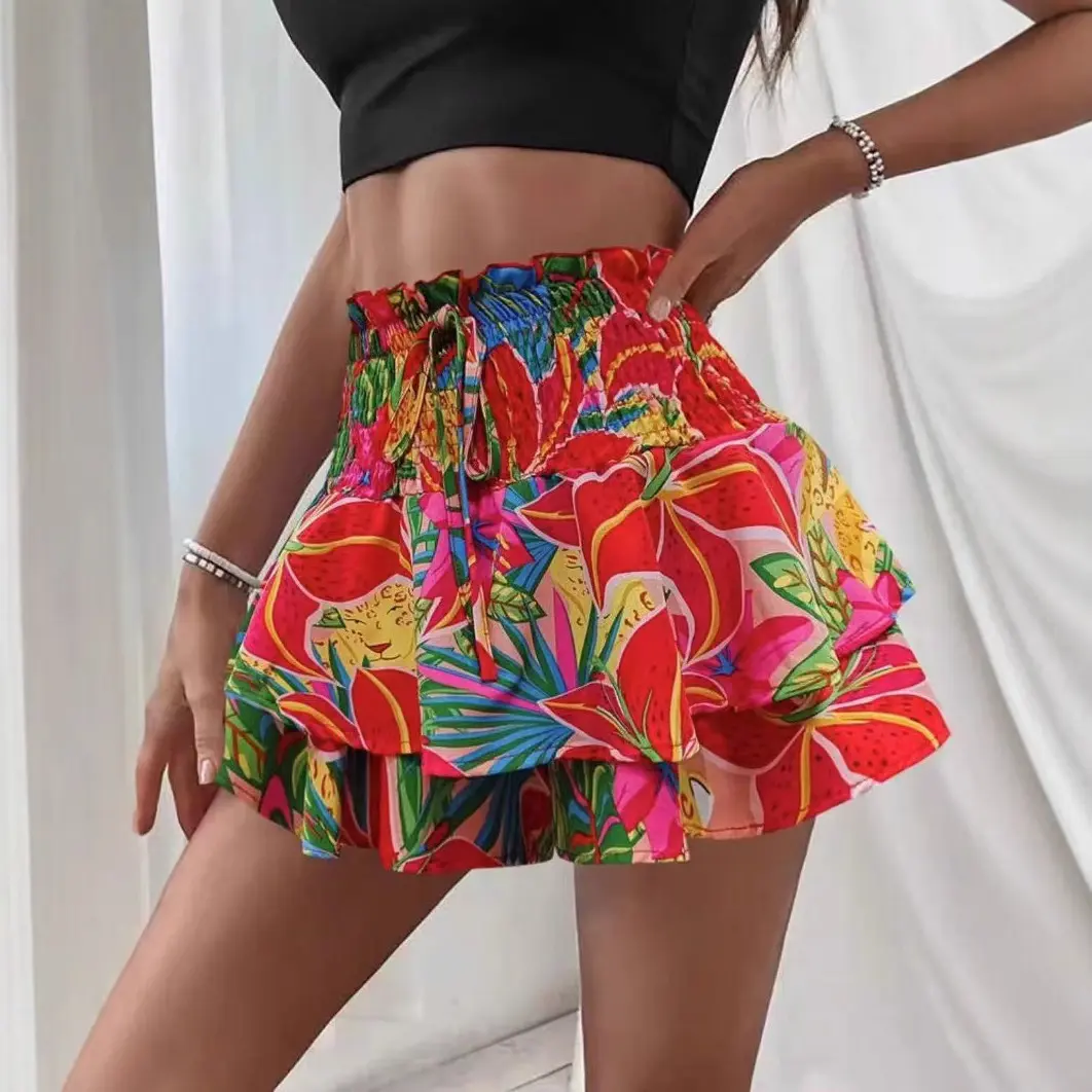 New Summer 2025 Women's Hot Pants Floral Fashion Elastic Waist Lace Hot Girl Girl Versatile Casual Layered Short Skirt