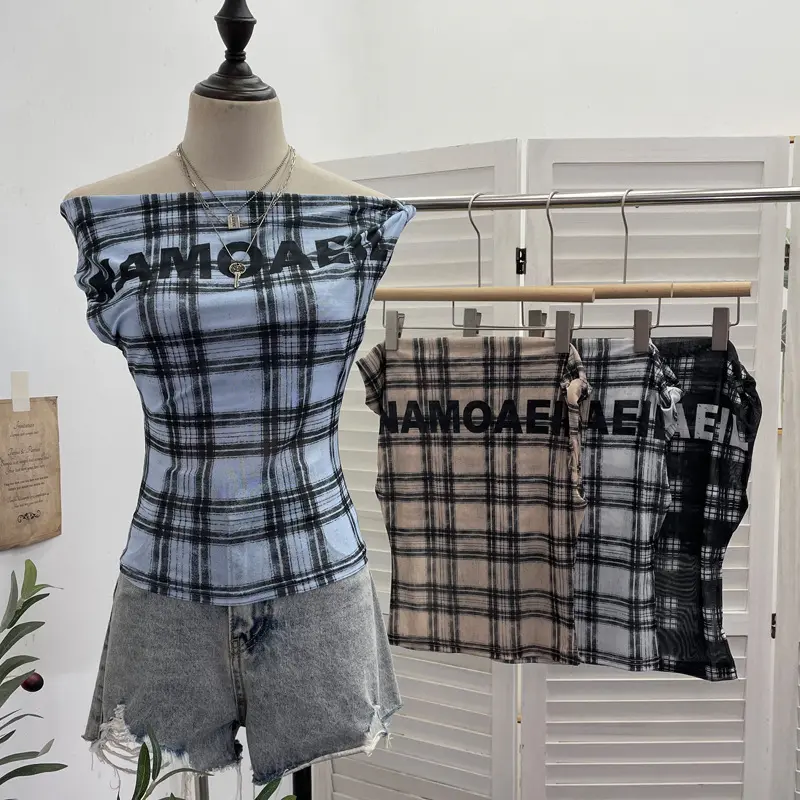 Women's Retro Plaid One-shoulder Twisted Cuff T-shirt Irregular Printing Hot Girl Slanted Shoulder Sleeveless Top Streetwear8023