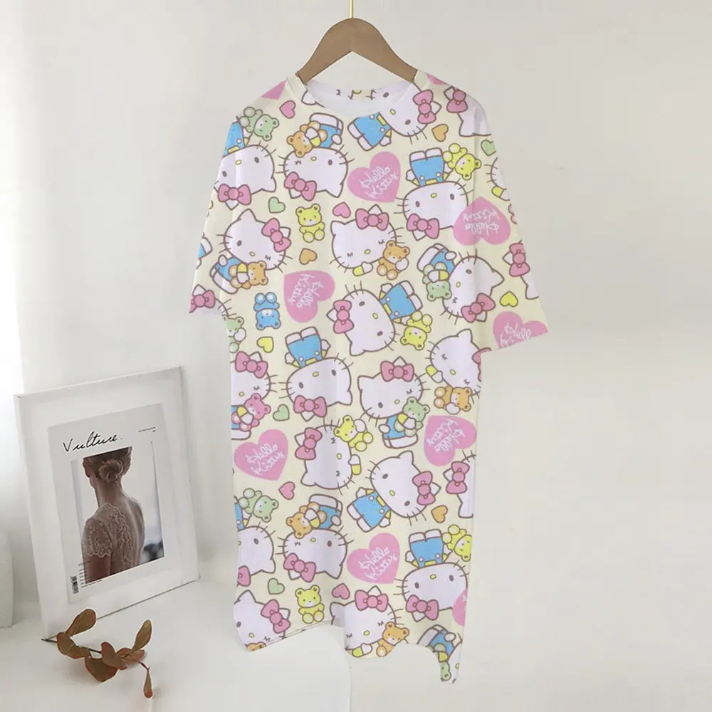 Women's long tshirt dress summer fashion girl Hello Kitty print oversized casual round neck short sleeved mini T-shirt dress ﻿