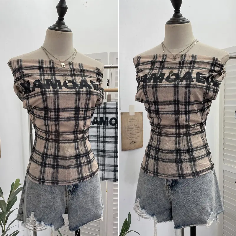 Women's Retro Plaid One-shoulder Twisted Cuff T-shirt Irregular Printing Hot Girl Slanted Shoulder Sleeveless Top Streetwear8023