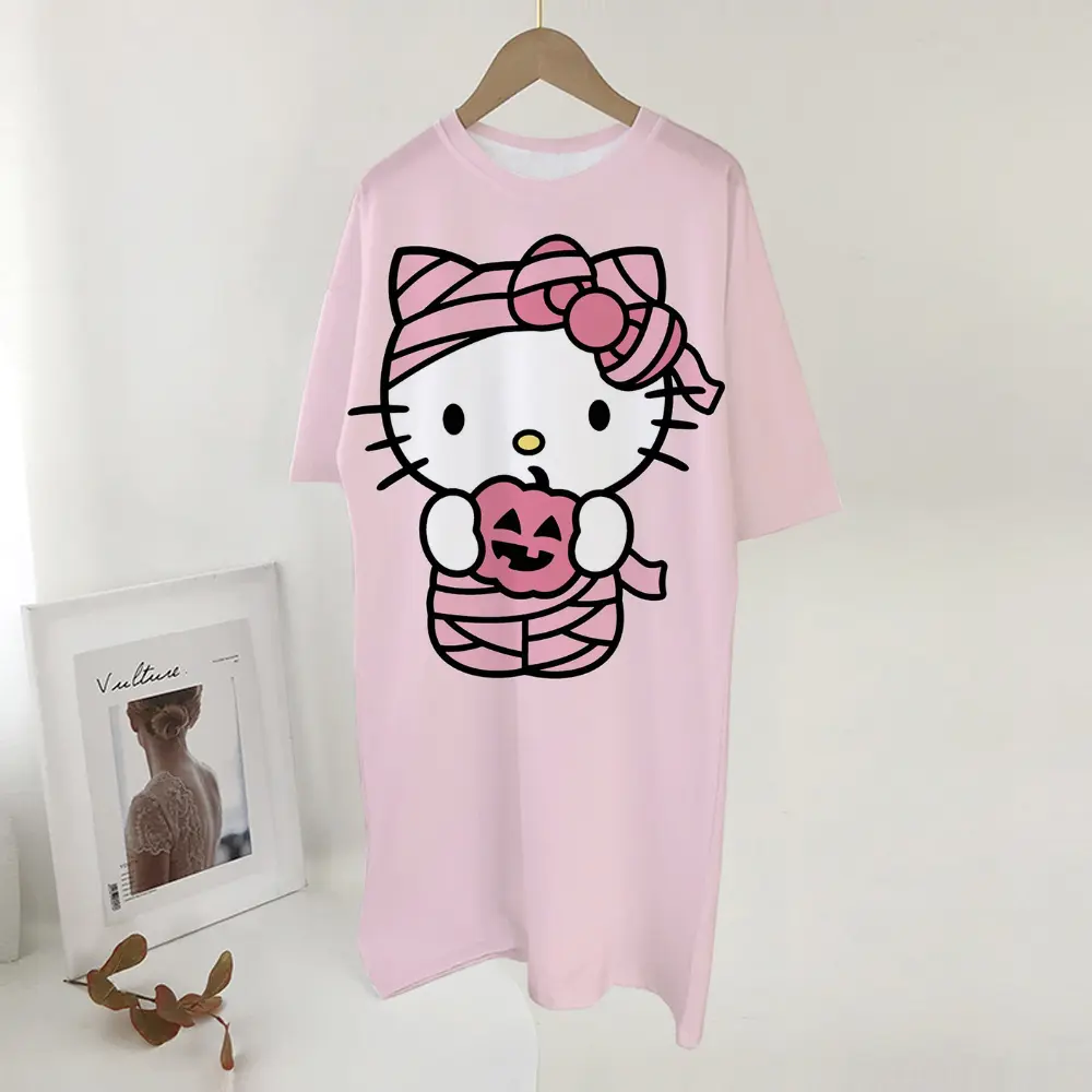 Women's long tshirt dress summer fashion girl Hello Kitty print oversized casual round neck short sleeved mini T-shirt dress ﻿
