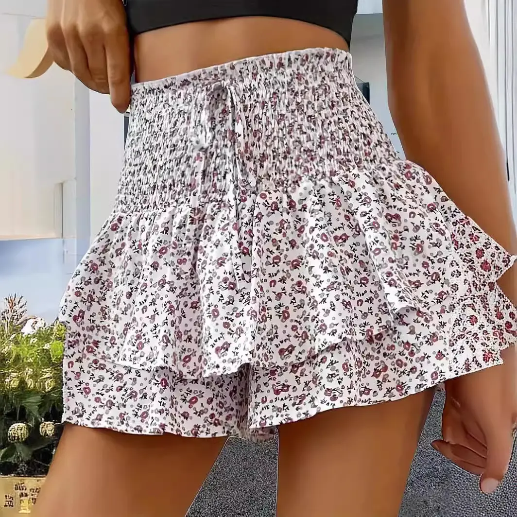 New Summer 2025 Women's Hot Pants Floral Fashion Elastic Waist Lace Hot Girl Girl Versatile Casual Layered Short Skirt