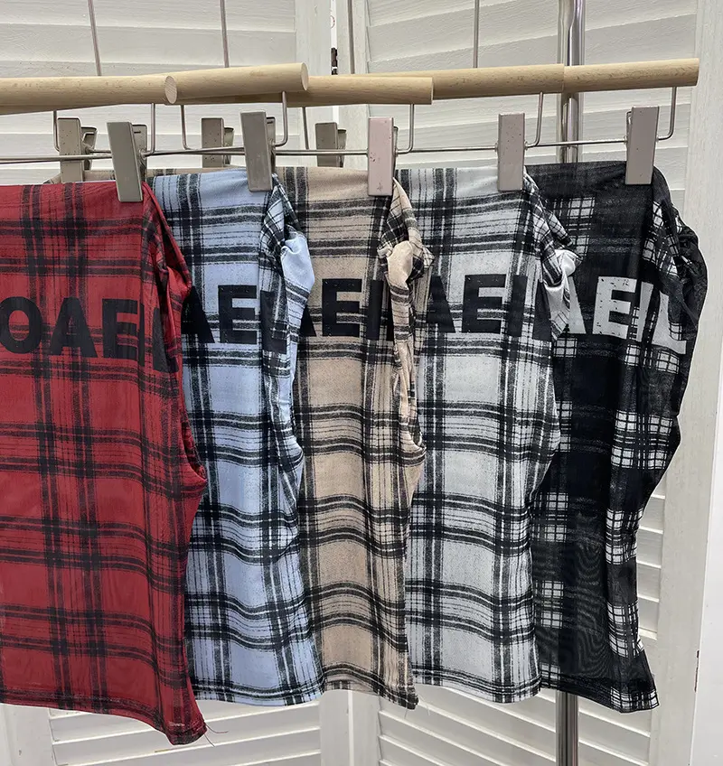 Women's Retro Plaid One-shoulder Twisted Cuff T-shirt Irregular Printing Hot Girl Slanted Shoulder Sleeveless Top Streetwear8023