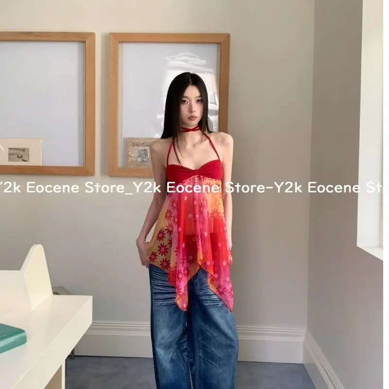 Summer Hot Girl Sexy Beach Party Top Ins Red Fashion Design Halterneck Slip Clothes Korea Elegant Floral Patchwork Bandeau Camis