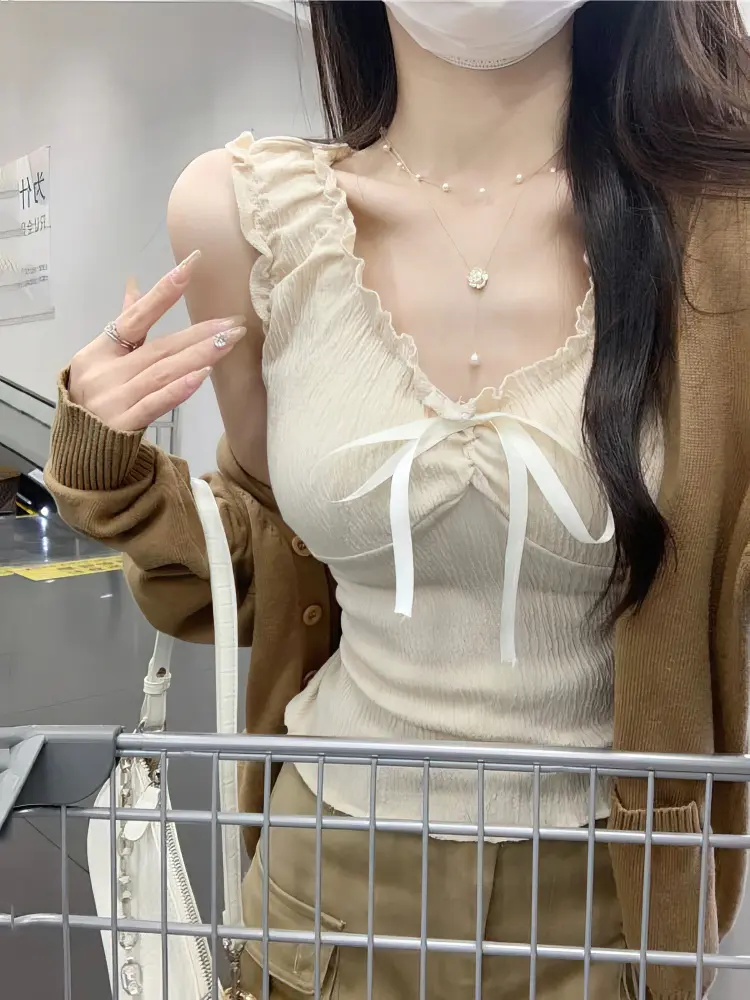 Beige Cute Front Bow Ties Flowy Tank Top Women Sweet Sleeveless Linen Crop Undershirt Ruffles Basic Tops Korean Sexy Tees