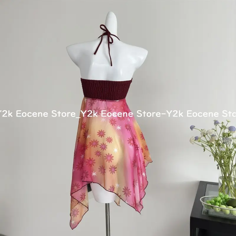 Summer Hot Girl Sexy Beach Party Top Ins Red Fashion Design Halterneck Slip Clothes Korea Elegant Floral Patchwork Bandeau Camis