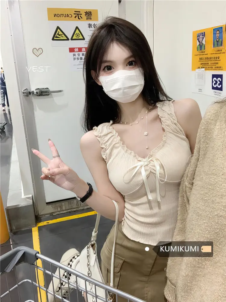 Beige Cute Front Bow Ties Flowy Tank Top Women Sweet Sleeveless Linen Crop Undershirt Ruffles Basic Tops Korean Sexy Tees