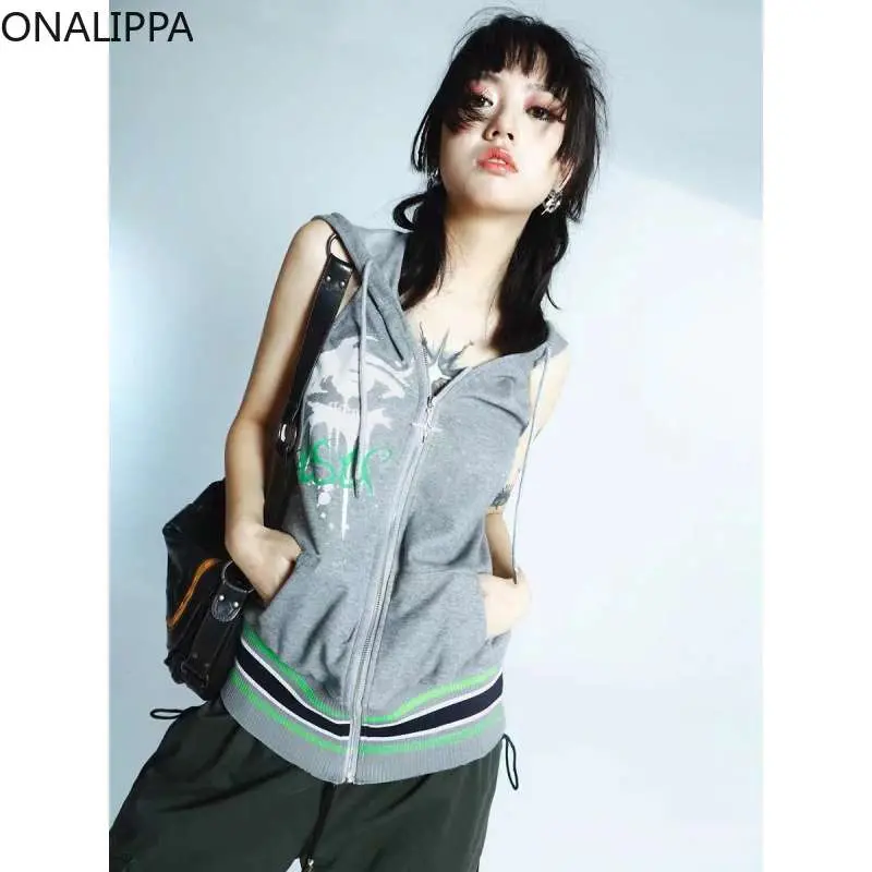 Onalippa Subcultural Punk Y2k Spicy Girl Sports Hooded Print Hanging Neck Vest 2025 Summer Women Unique Sleeveless Backless Top