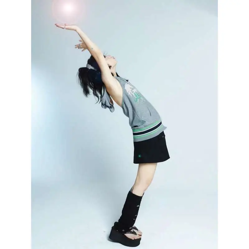 Onalippa Subcultural Punk Y2k Spicy Girl Sports Hooded Print Hanging Neck Vest 2025 Summer Women Unique Sleeveless Backless Top