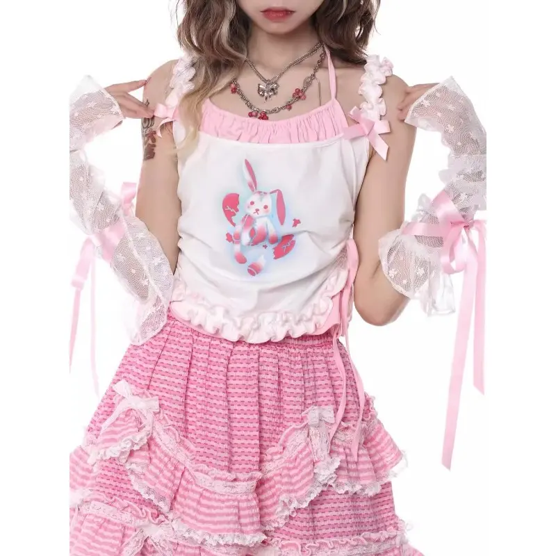 Sweet Cool Y2k Summer 2024 Girl Rabbit Bear Print Halter Vest Tops Chic Cute Camis Women White 2000s Japanese Kawaii Tanks