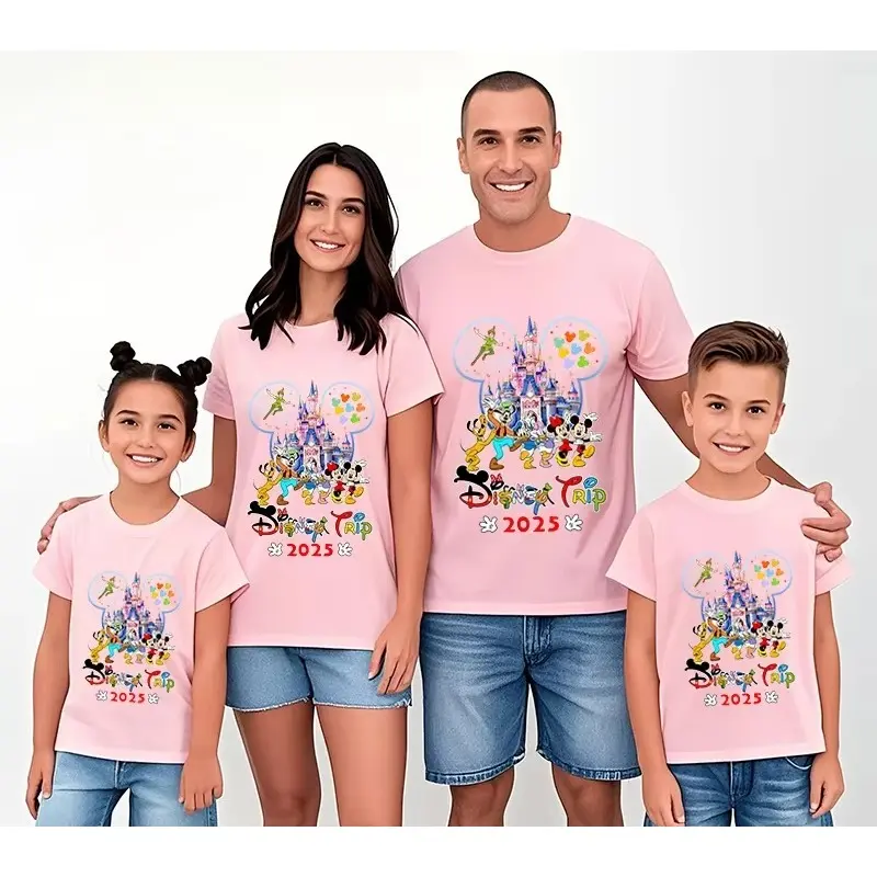 Disney Travel Mickey and His Friends 2025 Printed T-shirt for Parents Children Short Sleeves Suitable for Casual Family Wear