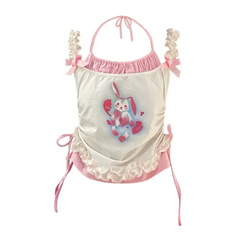 Sweet Cool Y2k Summer 2024 Girl Rabbit Bear Print Halter Vest Tops Chic Cute Camis Women White 2000s Japanese Kawaii Tanks