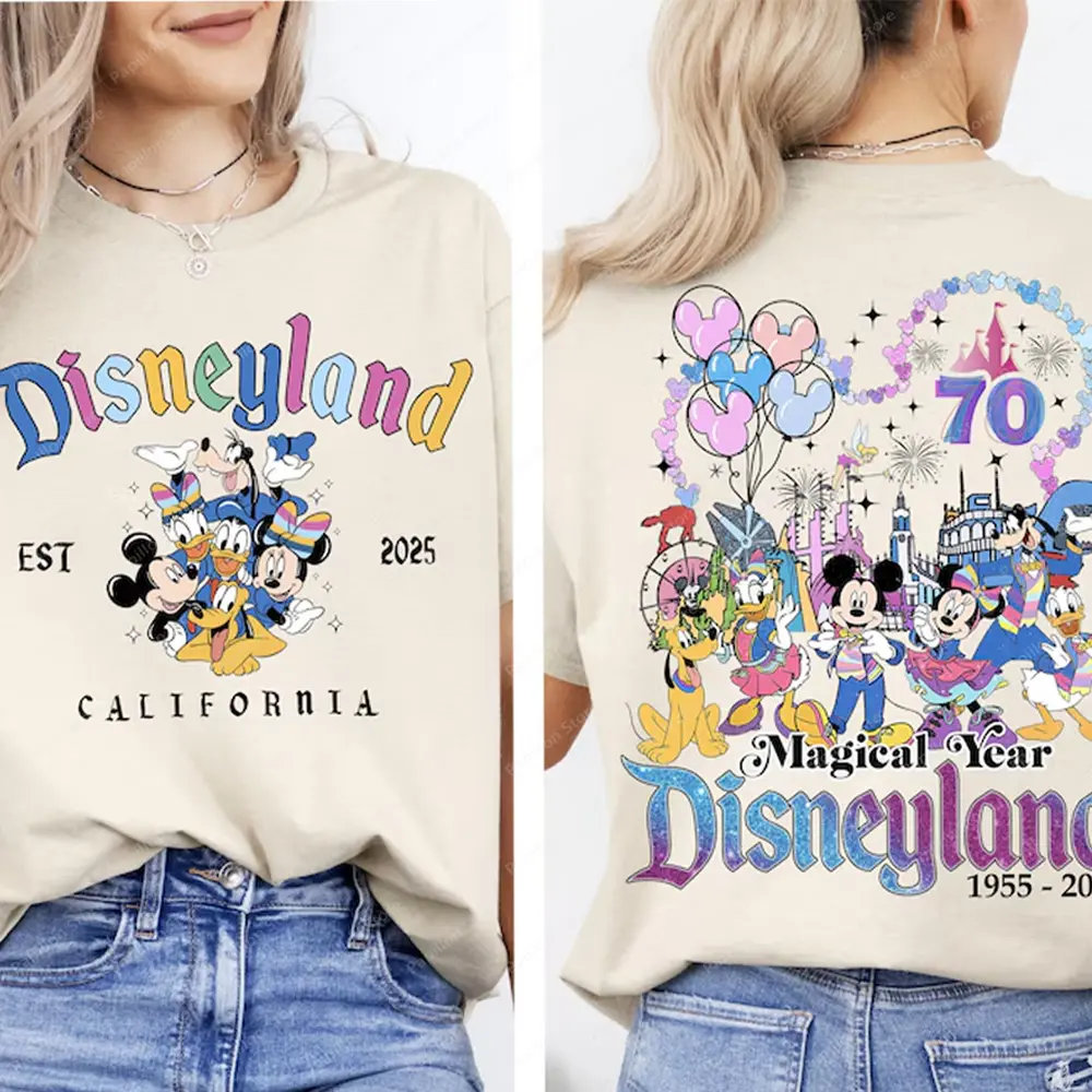 Disneyland 70Th Anniversary Castle Platinum 1955-2025 Disney Celebration T shirt WDW Family Tee Clothes Cotton Mickey Top Tee