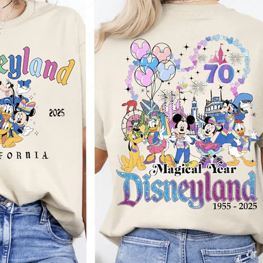 Disneyland 70Th Anniversary Castle Platinum 1955-2025 Disney Celebration T shirt WDW Family Tee Clothes Cotton Mickey Top Tee