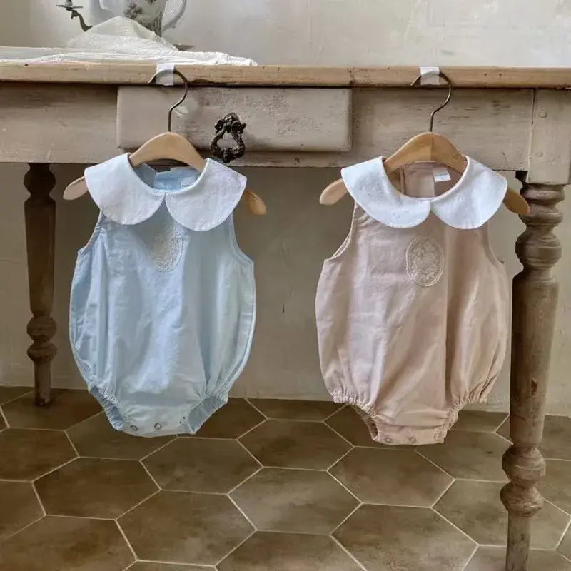 New Summer Baby Girl Matching Outfits Infant Lace Patch Doll Collar Sleeveless Bodysuit Peter Pan Collar Sweet Vest Dress H5312