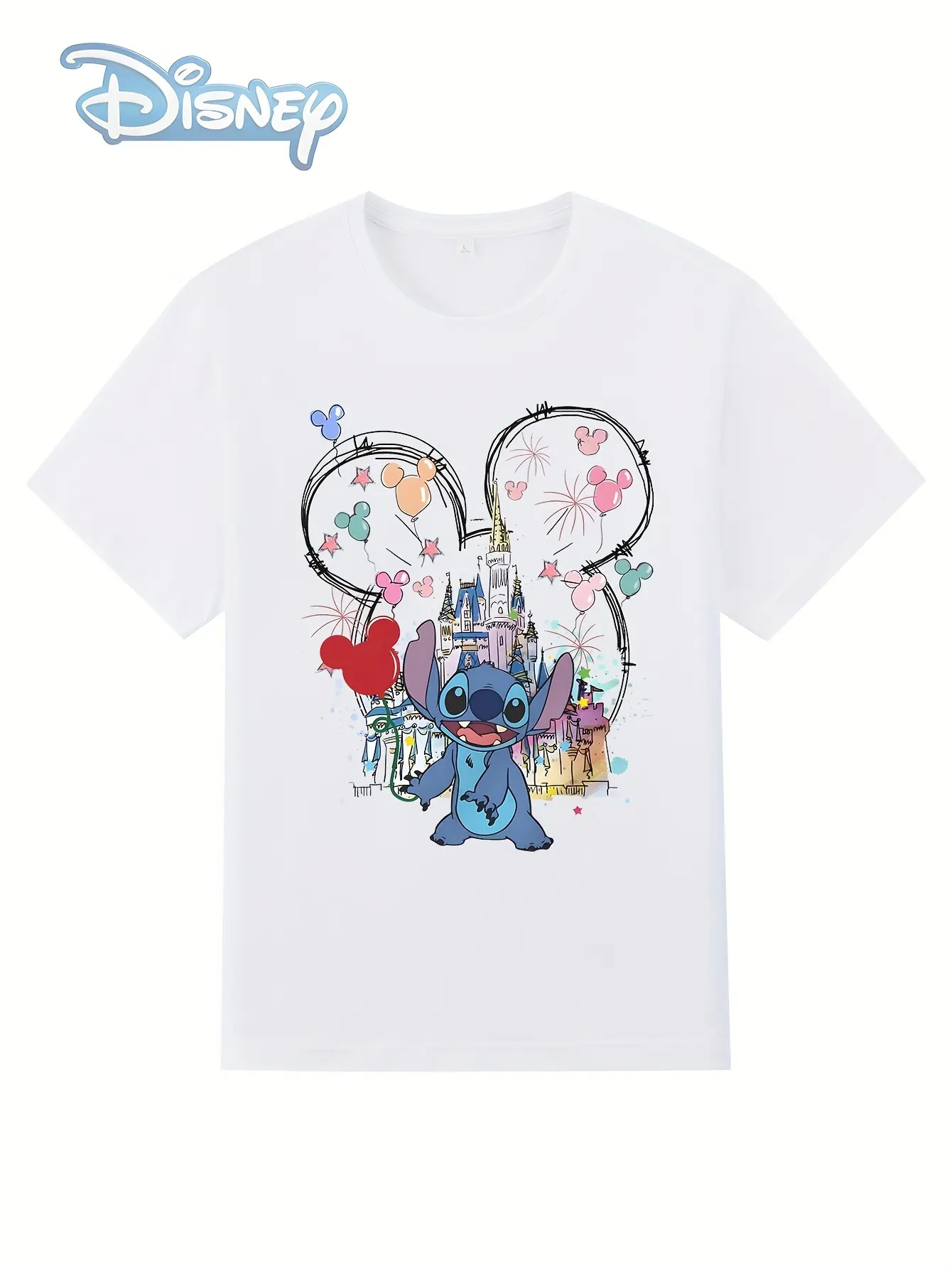 MINISO Disney cute Stitch and castle print short-sleeved T-shirt casual and versatile style suitable for women's daily wear