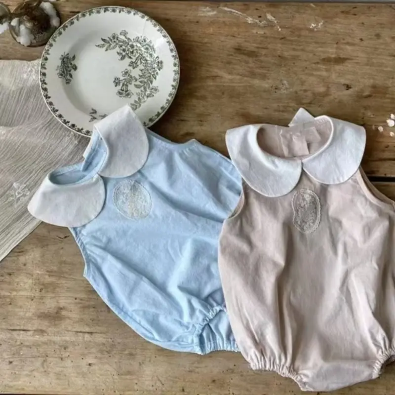 New Summer Baby Girl Matching Outfits Infant Lace Patch Doll Collar Sleeveless Bodysuit Peter Pan Collar Sweet Vest Dress H5312