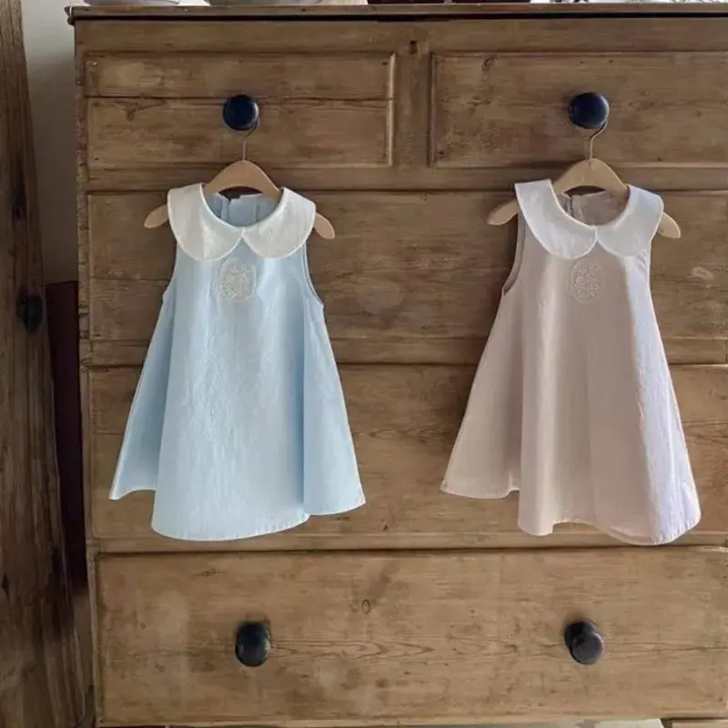 New Summer Baby Girl Matching Outfits Infant Lace Patch Doll Collar Sleeveless Bodysuit Peter Pan Collar Sweet Vest Dress H5312