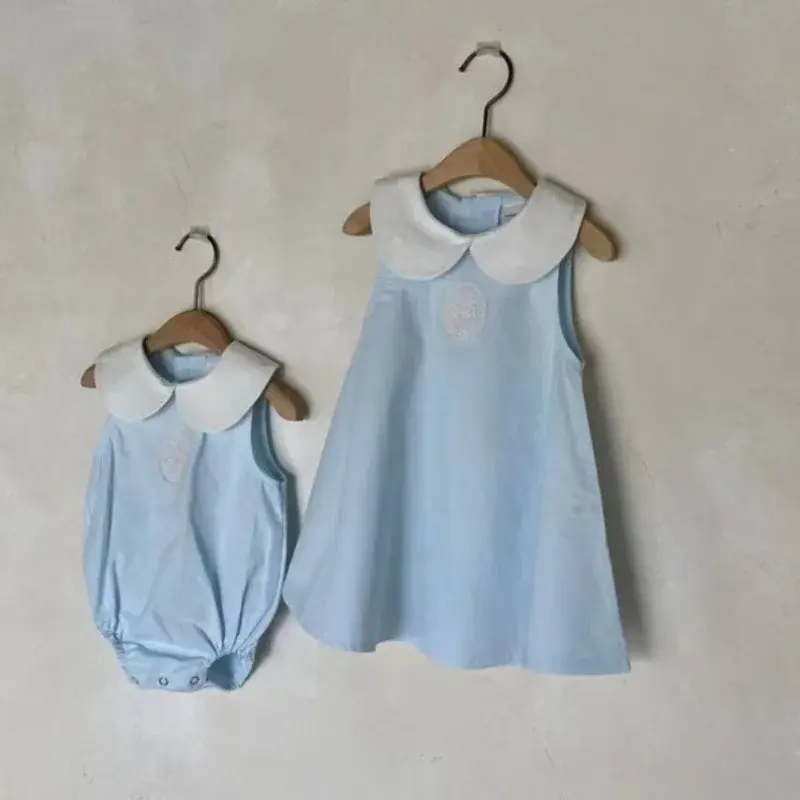 New Summer Baby Girl Matching Outfits Infant Lace Patch Doll Collar Sleeveless Bodysuit Peter Pan Collar Sweet Vest Dress H5312