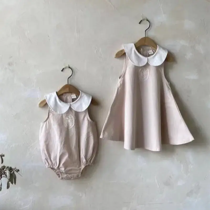 New Summer Baby Girl Matching Outfits Infant Lace Patch Doll Collar Sleeveless Bodysuit Peter Pan Collar Sweet Vest Dress H5312