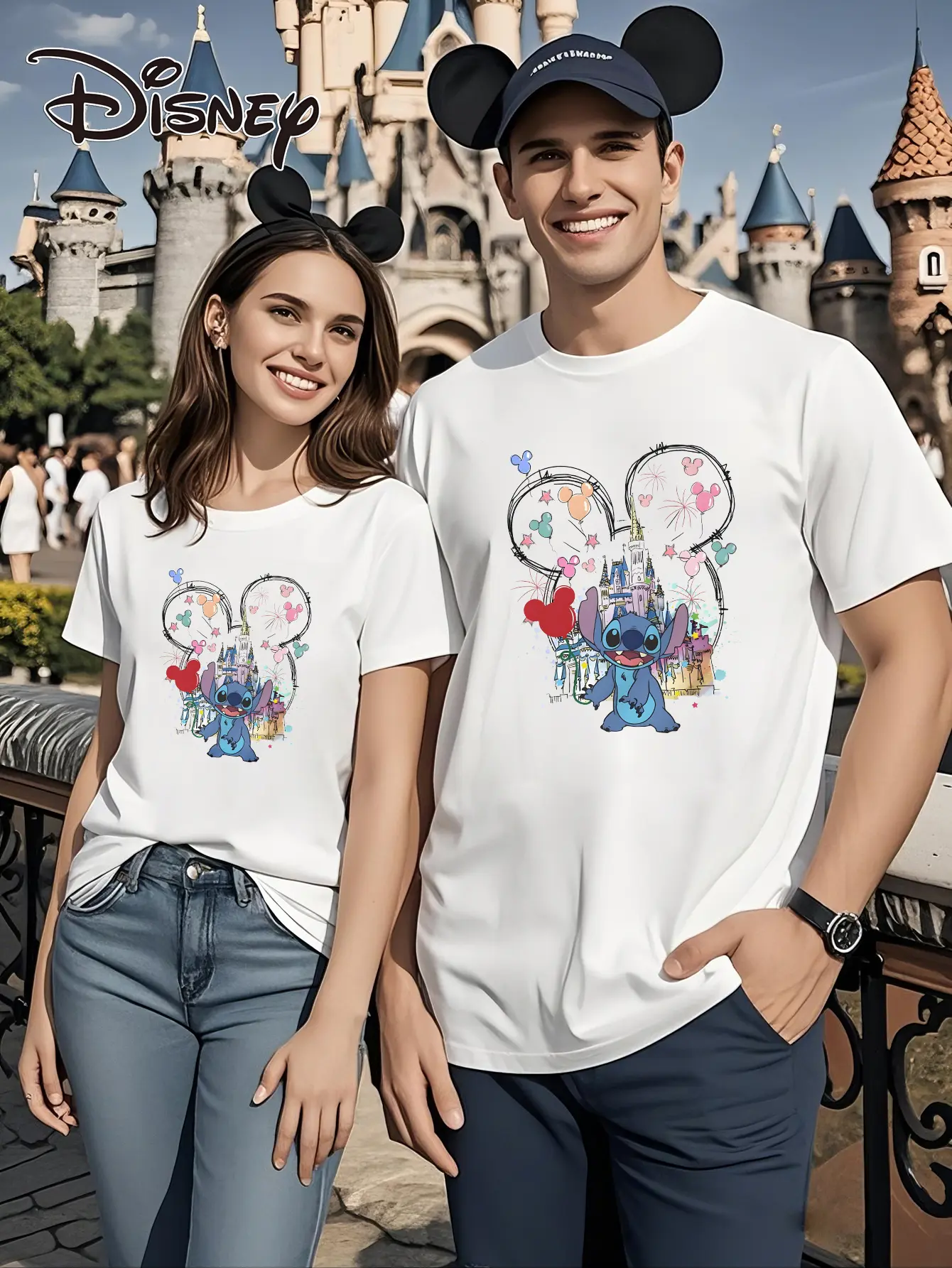 MINISO Disney cute Stitch and castle print short-sleeved T-shirt casual and versatile style suitable for women's daily wear