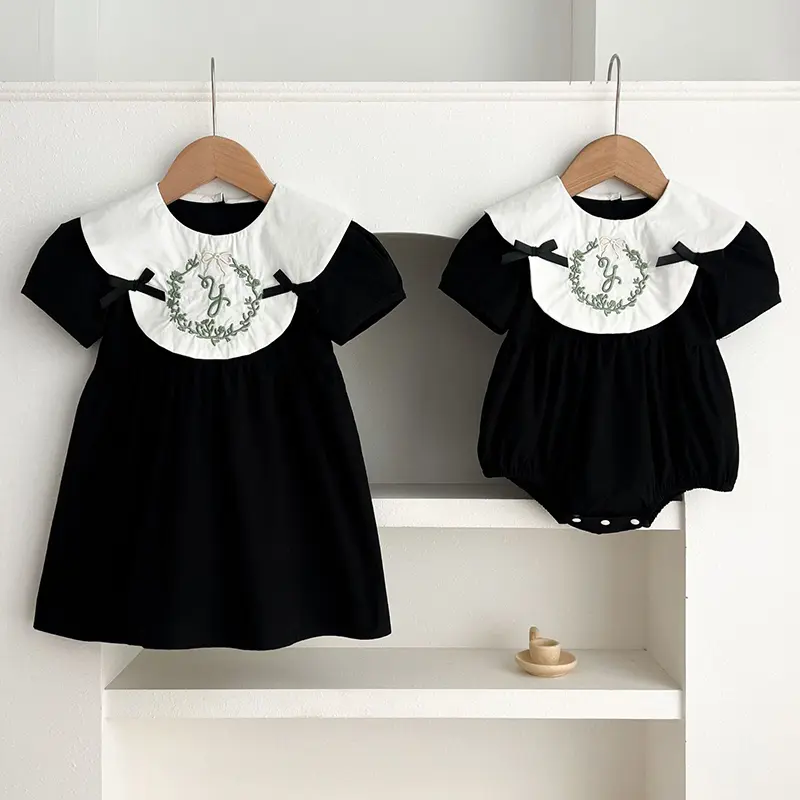 2025 Sister Clothes Baby Girl Dress Bodysuit Bow Party Summer Sister Dress Doll Collar Lace Embroidered One Piece Clothes Dress