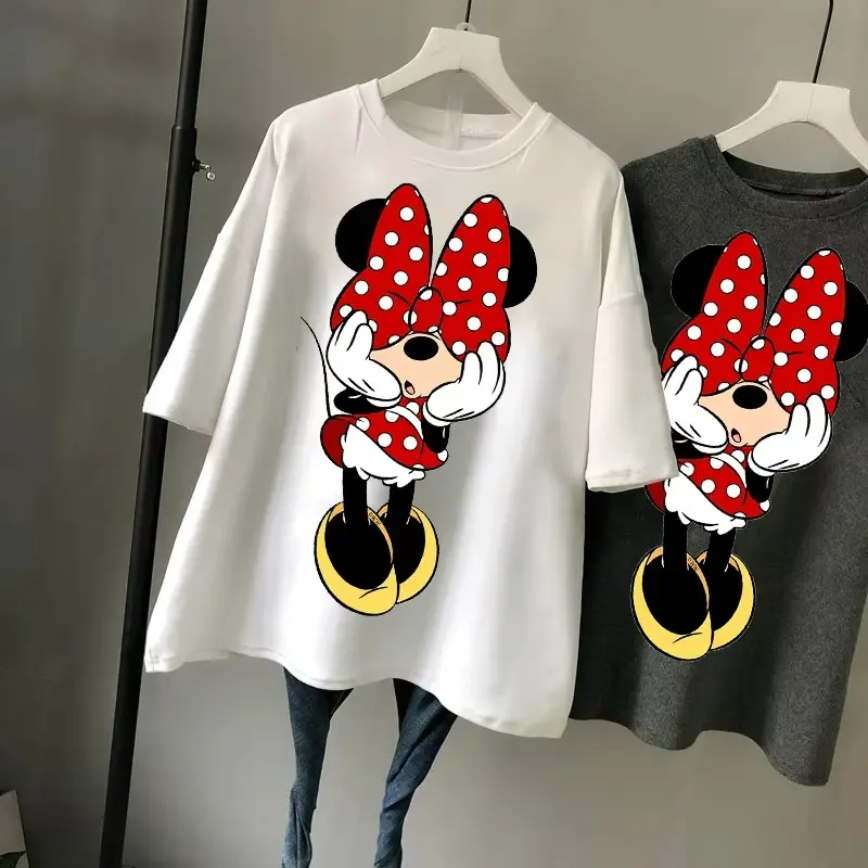 MINISO Disney Summer T-shirt Kawaii Minnie Mouse Korean Style Ladies Black Tops Women Casual O-Neck Tshirt Harajuku Clothing