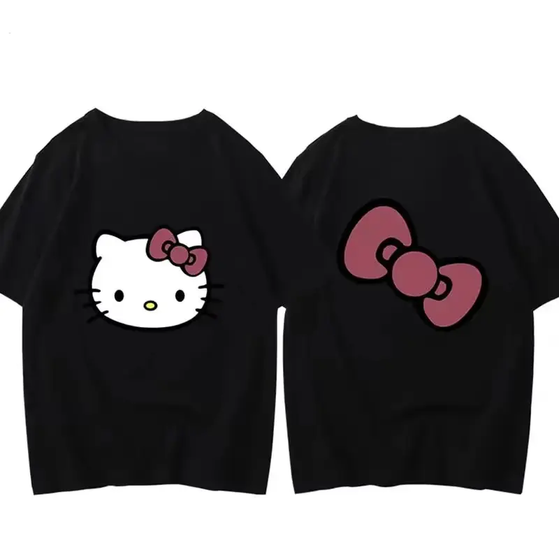 Miniso Hello Kitty T-shirt 100% Cotton Printed Cartoon Girl Summer Student Loose Casual Short-sleeved Woman Men Clothing Tshirt