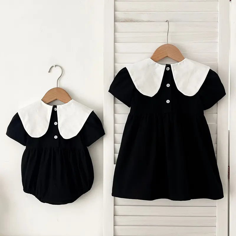 2025 Sister Clothes Baby Girl Dress Bodysuit Bow Party Summer Sister Dress Doll Collar Lace Embroidered One Piece Clothes Dress