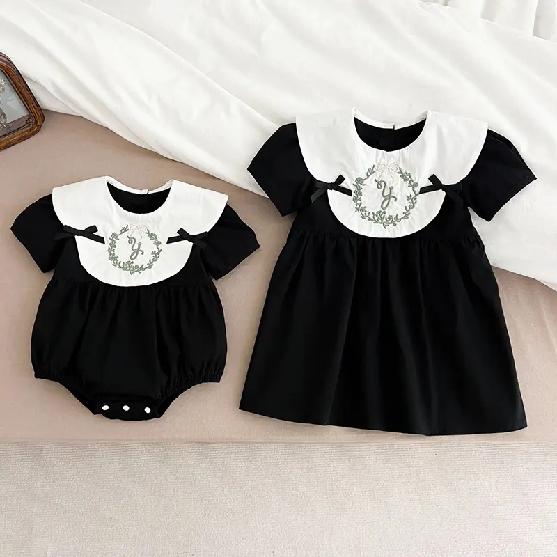 2025 Sister Clothes Baby Girl Dress Bodysuit Bow Party Summer Sister Dress Doll Collar Lace Embroidered One Piece Clothes Dress