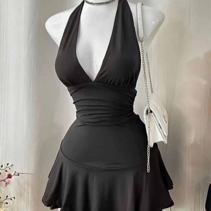 Solid Color Dress Casual Chic Dinner American Retro Hip-Hop Streetwear 2000s Crop Top Pastoral Girl Sexy Commuting Women's Dress