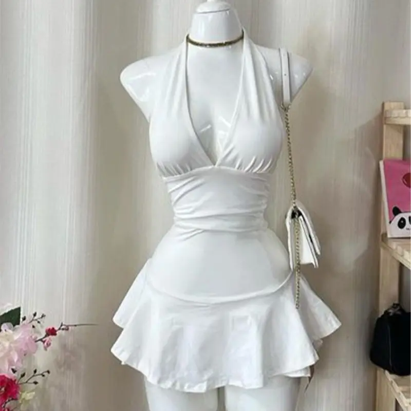 Solid Color Dress Casual Chic Dinner American Retro Hip-Hop Streetwear 2000s Crop Top Pastoral Girl Sexy Commuting Women's Dress