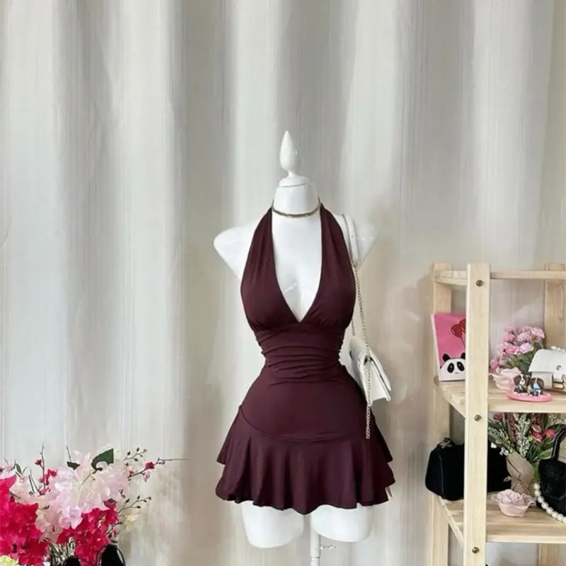 Solid Color Dress Casual Chic Dinner American Retro Hip-Hop Streetwear 2000s Crop Top Pastoral Girl Sexy Commuting Women's Dress