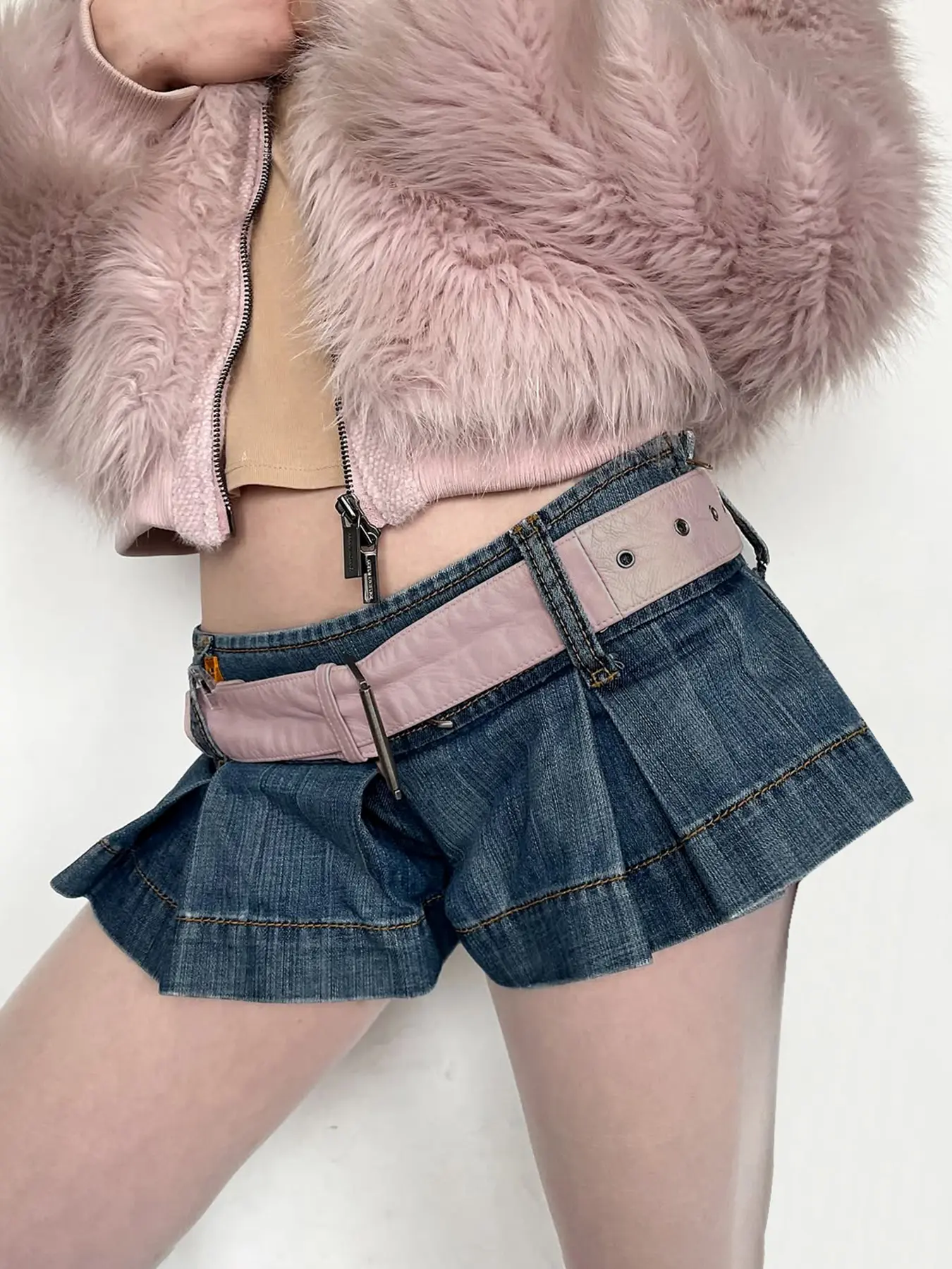 Rockmore Y2K Coquette Sexy Girl Style Mini Skirts Shorts for Women 2025 New Low Waisted Pleated Super Short Denim Skirt Korean