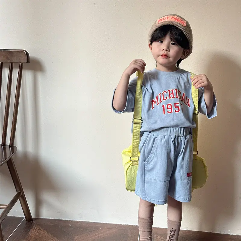 Summer Child Family Sports Sets Boy Girl Blue Apricot Letter Drop Shoulder Short Sleeve Loose T-shirt+Shorts Baby Clothes H83695