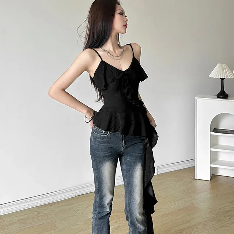 Slim Fit Mini Halter Top Sweet And Spicy Girl Summer Short Splice Lace Trim Women's Fashion Polyester Blend Vest Strap Top