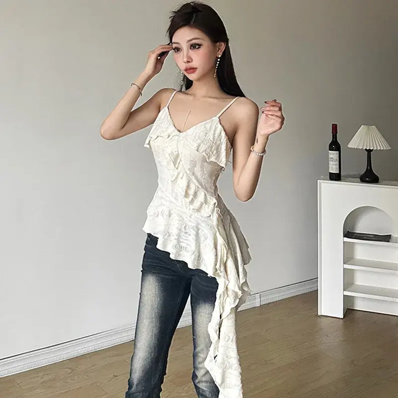 Slim Fit Mini Halter Top Sweet And Spicy Girl Summer Short Splice Lace Trim Women's Fashion Polyester Blend Vest Strap Top