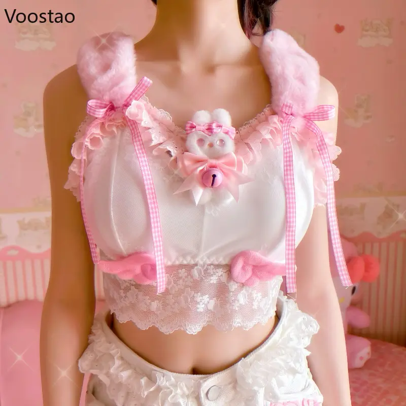 Sweet Lolita Crop Tops Women Kawaii Cartoon Rabbit Doll Lace Ruffles Camis Harajuku Girl Y2k Vest Plush Bunny Ears Tanks Clothes