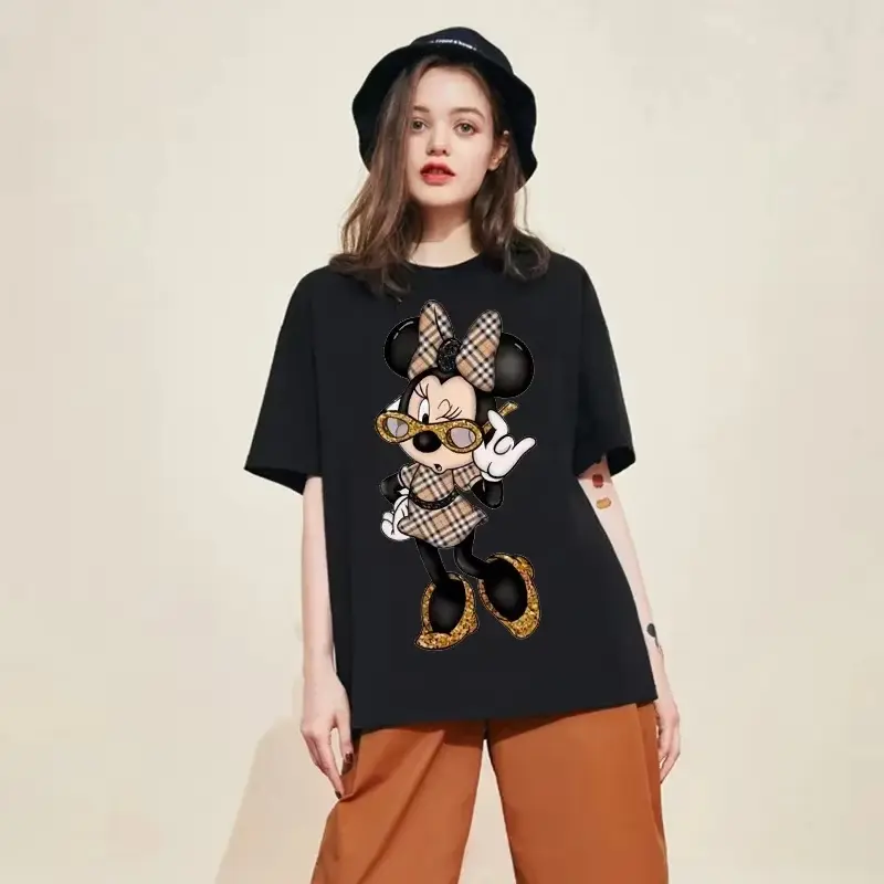 MINISO Kawaii Women T-shirts New 90s Vintage Family Cartoon Mickey Minnie Top Fashion Y2K Female Ulzzang Oversized T-shirt