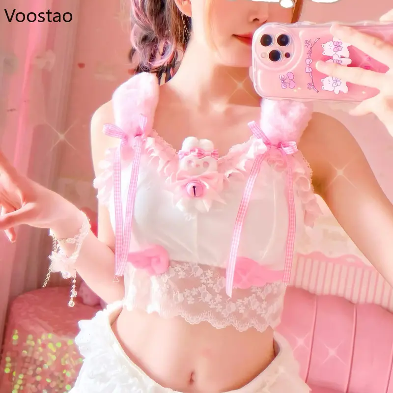 Sweet Lolita Crop Tops Women Kawaii Cartoon Rabbit Doll Lace Ruffles Camis Harajuku Girl Y2k Vest Plush Bunny Ears Tanks Clothes