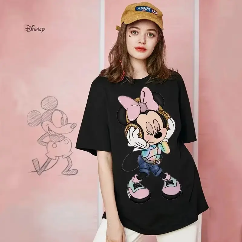MINISO Kawaii Women T-shirts New 90s Vintage Family Cartoon Mickey Minnie Top Fashion Y2K Female Ulzzang Oversized T-shirt