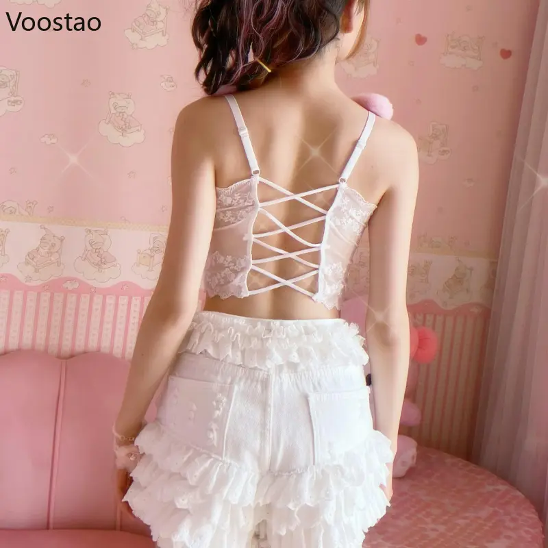 Sweet Lolita Crop Tops Women Kawaii Cartoon Rabbit Doll Lace Ruffles Camis Harajuku Girl Y2k Vest Plush Bunny Ears Tanks Clothes