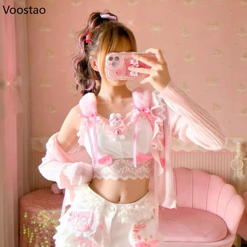 Sweet Lolita Crop Tops Women Kawaii Cartoon Rabbit Doll Lace Ruffles Camis Harajuku Girl Y2k Vest Plush Bunny Ears Tanks Clothes